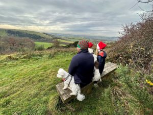 People in festive hats sitting on a bench looking at the view at Old Winchester Hill